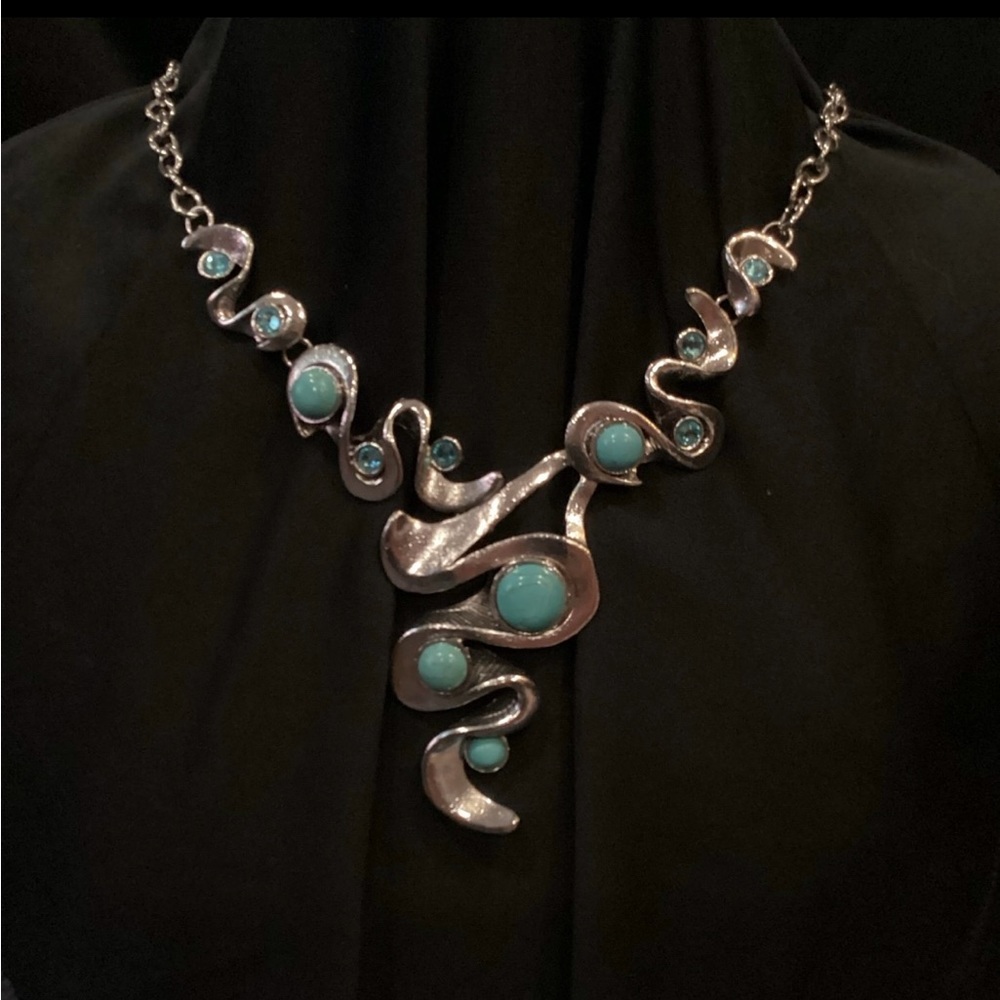 Prodigal Daughter faux turquoise, crystal & silvertone bold statement necklace